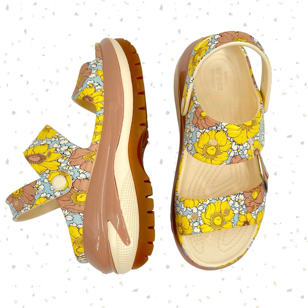 Crocs Mega Crush Retro Floral Wildflower Platform Sandals Yellow Tan Size 7 NEW